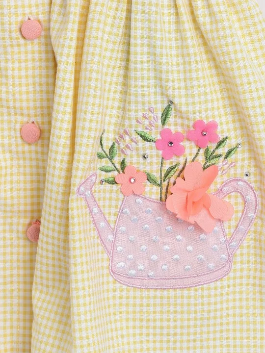 Nautinati pale yellow gingham Girls' 100% Cotton Gingham Chequered Fit & Flare Dress with Watering Can Embroidery & Floral Applique for Women | Best Price UAE